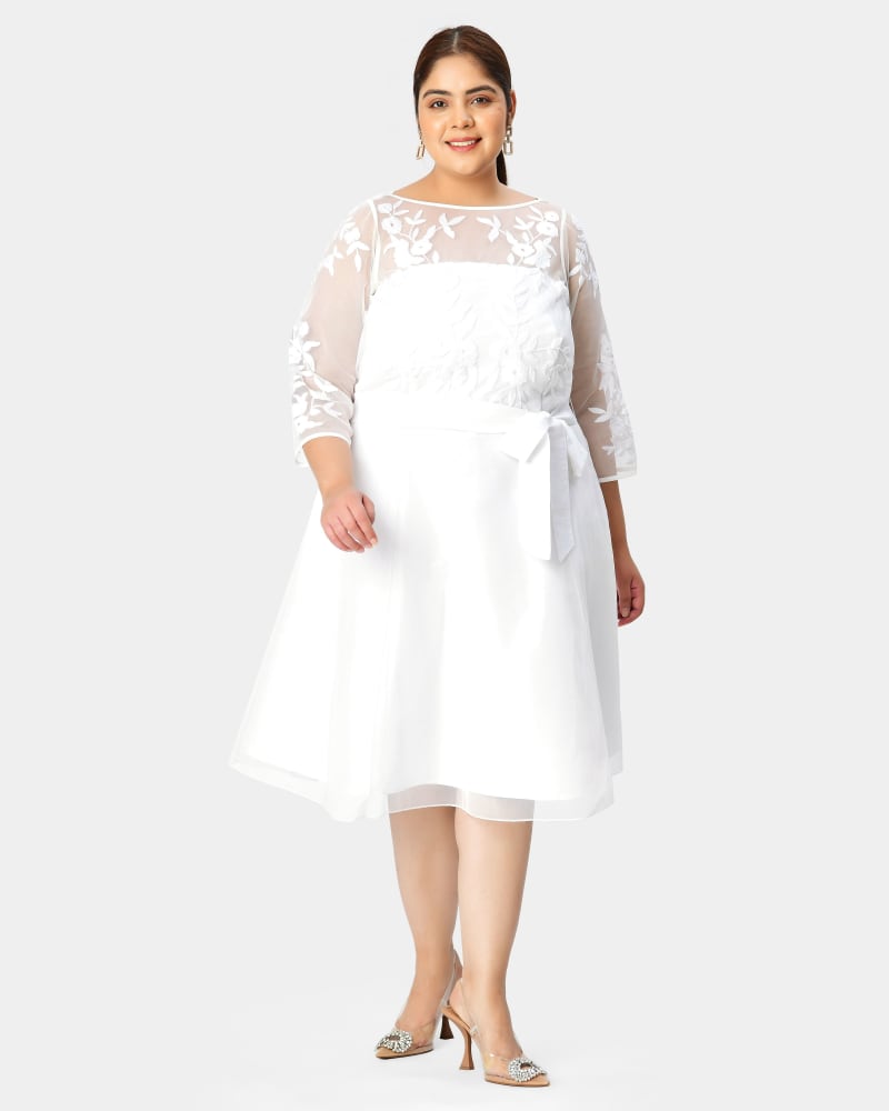 Front of a model wearing a size 4X-28W Floral embellished illusion tulle and dupioni dress in White by eShakti. | dia_product_style_image_id:289663